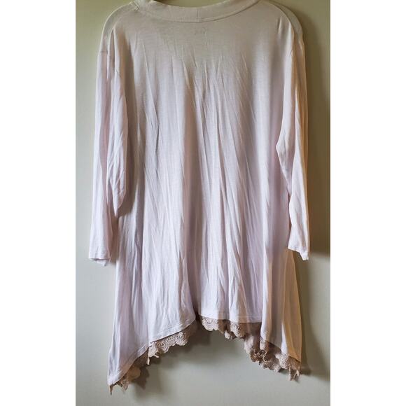 Logo Womans Blouse Ivory Rayon Solid Tunic Pockets Button Up Gray Lace Trim Sz L - Picture 9 of 12